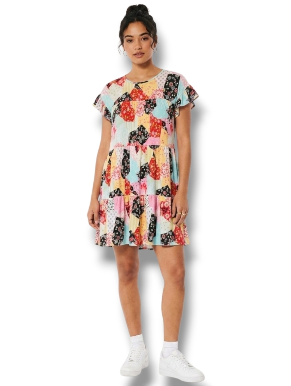 Perfect Peach Women’s Multicolor Patchwork Tiered Flutter Sleeve Dress – Large